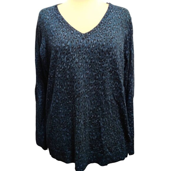 Amazon Essentials XL Navy Blue Leopard Print Sweater V Neck Long Sleeve Pullover - Picture 1 of 12
